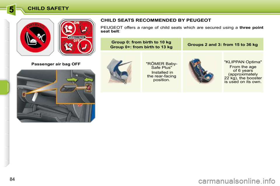 Peugeot 207 CC Dag 2010 Owners Manual CHILD SAFETY
84
Passenger air bag OFF
CHILD SEATS RECOMMENDED BY PEUGEOT
PEUGEOT offers a range of child seats which are secured using a three point
seat belt :
Group Peugeot 207 CC Dag 2010 Owners Manual CHILD SAFETY
84
Passenger air bag OFF
CHILD SEATS RECOMMENDED BY PEUGEOT
PEUGEOT offers a range of child seats which are secured using a three point
seat belt :
Group