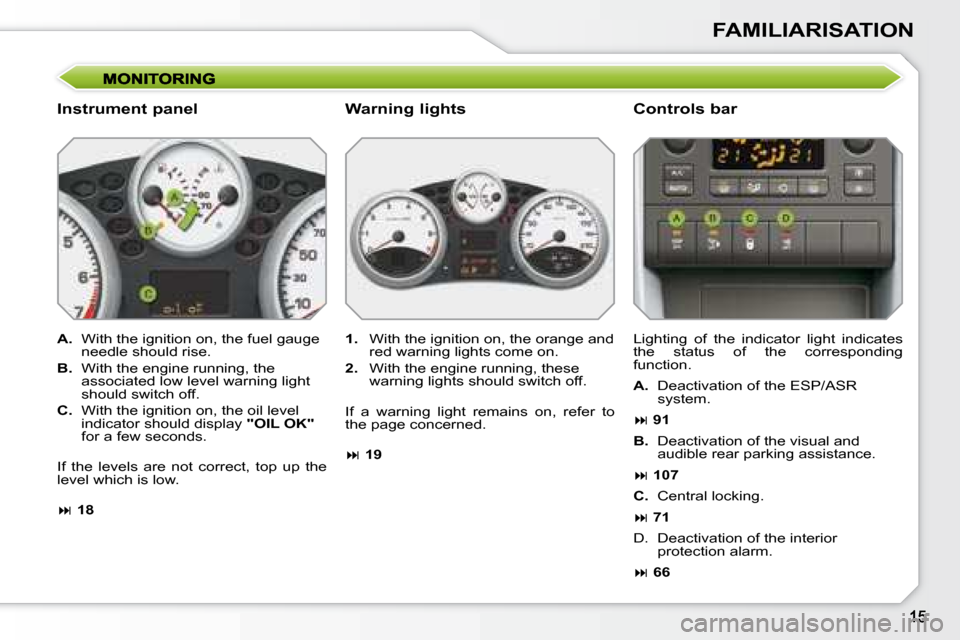 Peugeot 207 CC Dag 2007.5 User Guide FAMILIARISATION
  Instrument panel   Controls bar 
  
A.    With the ignition on, the fuel gauge 
needle should rise. 
  
B.    With the engine running, the 
�a�s�s�o�c�i�a�t�e�d� �l�o�w� �l�e�v�e�l� 