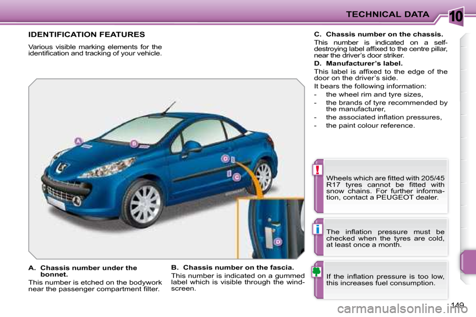 Peugeot 207 CC Dag 2007.5  Owners Manual 10
!
i
TECHNICAL DATA
149
 IDENTIFICATION FEATURES 
 Various  visible  marking  elements  for  the  
�i�d�e�n�t�i�i� �c�a�t�i�o�n� �a�n�d� �t�r�a�c�k�i�n�g� �o�f� �y�o�u�r� �v�e�h�i�c�l�e�.� � �W�h�e�