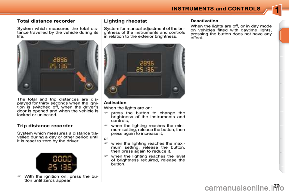 Peugeot 207 CC Dag 2007.5 Owners Guide INSTRUMENTS and CONTROLS
27
             Total distance recorder  
� �S�y�s�t�e�m�  �w�h�i�c�h�  �m�e�a�s�u�r�e�s�  �t�h�e�  �t�o�t�a�l�  �d�i�s�- 
tance travelled by the vehicle during its 
life.    