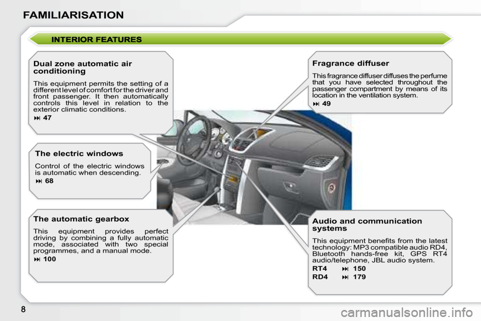 Peugeot 207 CC Dag 2007.5  Owners Manual FAMILIARISATION
  Dual zone automatic air  
conditioning  
� �T�h�i�s� �e�q�u�i�p�m�e�n�t� �p�e�r�m�i�t�s� �t�h�e� �s�e�t�t�i�n�g� �o�f� �a�  
different level of comfort for the driver and 
�f�r�o�n�t