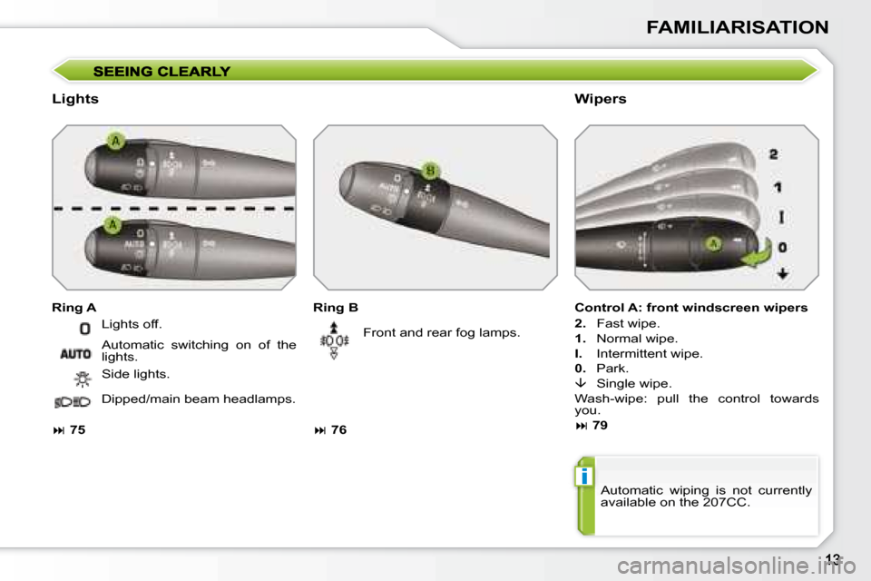 Peugeot 207 CC Dag 2007.5  Owners Manual i
FAMILIARISATION
  Lights   Wipers 
  Ring B  
   
�   76     � �F�r�o�n�t� �a�n�d� �r�e�a�r� �f�o�g� �l�a�m�p�s�.� 
  Ring A 
  Control A: front windscreen wipers  
  
2. � � �  �F�a�s�t� �w�i�p�