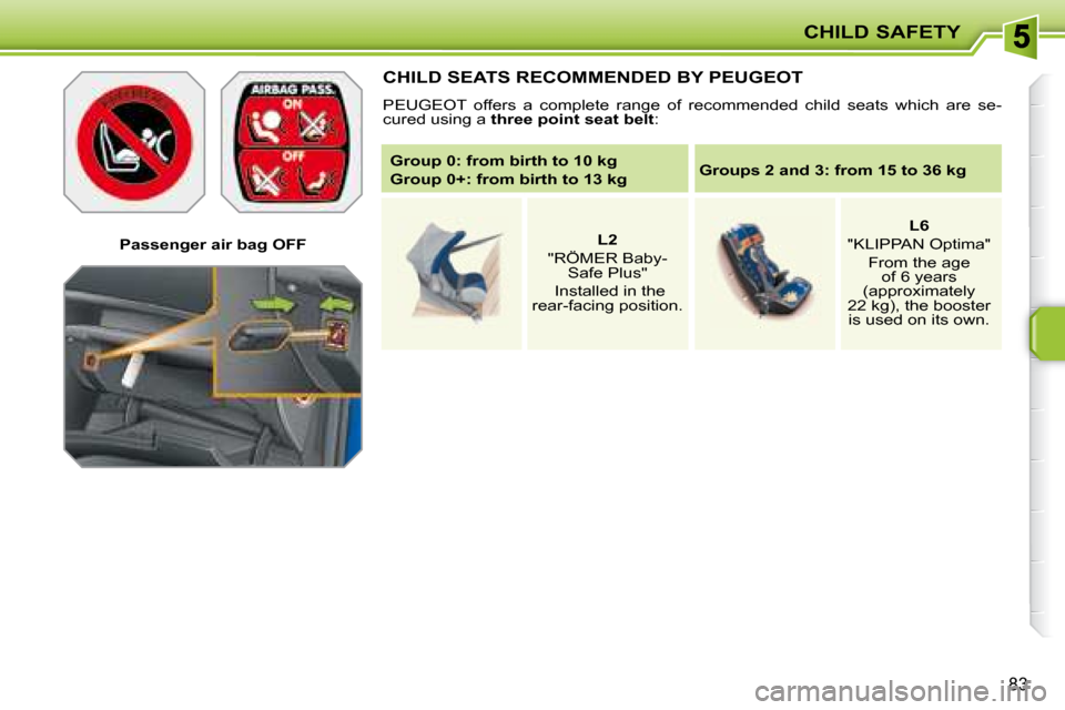 Peugeot 207 CC Dag 2007.5 Owners Manual CHILD SAFETY
83
   Passenger air bag OFF   
 CHILD SEATS RECOMMENDED BY PEUGEOT 
� �P�E�U�G�E�O�T�  �o�f�f�e�r�s�  �a�  �c�o�m�p�l�e�t�e�  �r�a�n�g�e�  �o�f�  �r�e�c�o�m�m�e�n�d�e�d�  �c�h�i�l�d�  �s�