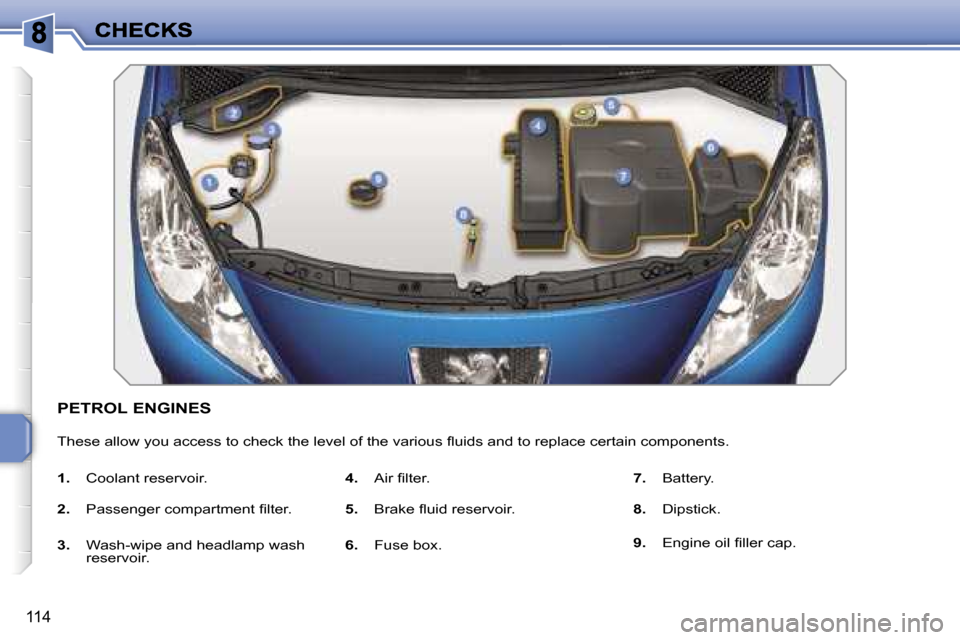 Peugeot 207 CC Dag 2007  Owners Manual �1�1�4
�P�E�T�R�O�L� �E�N�G�I�N�E�S
�T�h�e�s�e� �a�l�l�o�w� �y�o�u� �a�c�c�e�s�s� �t�o� �c�h�e�c�k� �t�h�e� �l�e�v�e�l� �o�f� �t�h�e� �v�a�r�i�o�u�s� �ﬂ�u�i�d�s� �a�n�d� �t�o� �r�e�p�l�a�c�e� �c�e�r