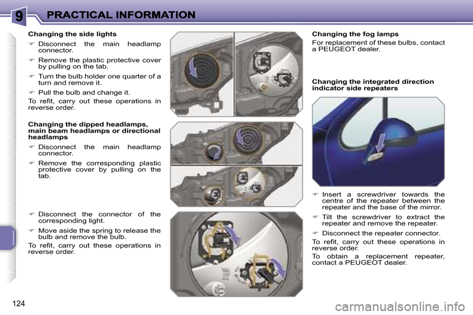 Peugeot 207 CC Dag 2007  Owners Manual �1�2�4
�C�h�a�n�g�i�n�g� �t�h�e� �s�i�d�e� �l�i�g�h�t�s
��  �D�i�s�c�o�n�n�e�c�t�  �t�h�e�  �m�a�i�n�  �h�e�a�d�l�a�m�p� �c�o�n�n�e�c�t�o�r�.
��  �R�e�m�o�v�e�  �t�h�e�  �p�l�a�s�t�i�c�  �p�r�o�