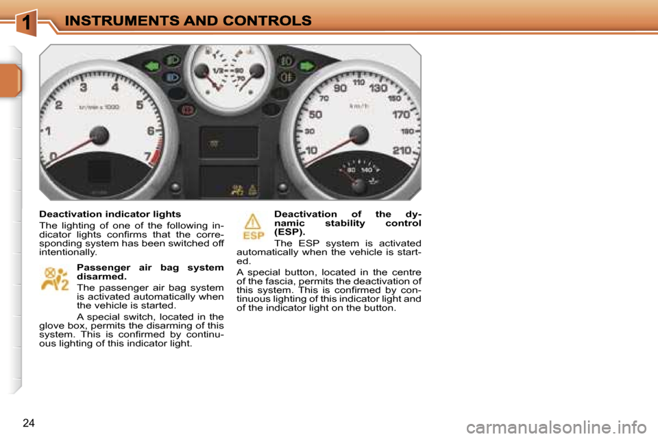 Peugeot 207 CC Dag 2007 User Guide �2�4
�D�e�a�c�t�i�v�a�t�i�o�n� �i�n�d�i�c�a�t�o�r� �l�i�g�h�t�s
�T�h�e�  �l�i�g�h�t�i�n�g�  �o�f�  �o�n�e�  �o�f�  �t�h�e�  �f�o�l�l�o�w�i�n�g�  �i�n�-�d�i�c�a�t�o�r�  �l�i�g�h�t�s�  �c�o�n�ﬁ�r�m�s�