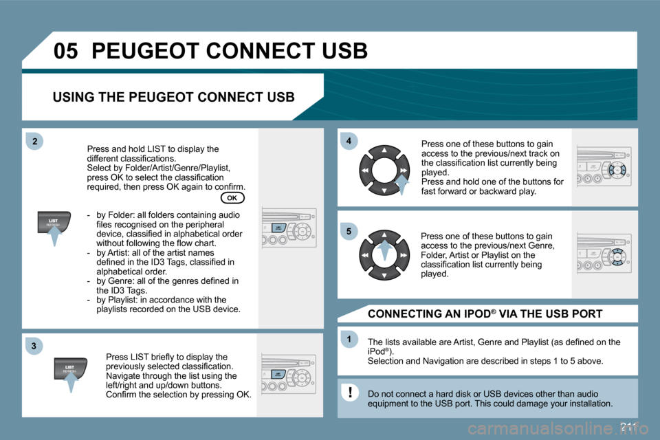 Peugeot 207 Dag 2010  Owners Manual 211
�3�3
�0�5
�4�4
�1�1
�5�5
�2�2
� �P�E�U�G�E�O�T� �C�O�N�N�E�C�T� �U�S�B� 
� � �U�S�I�N�G� �T�H�E� �P�E�U�G�E�O�T� �C�O�N�N�E�C�T� �U�S�B� 
� � �P�r�e�s�s� �L�I�S�T� �b�r�i�e�ﬂ� �y� �t�o� �d�i�s�p