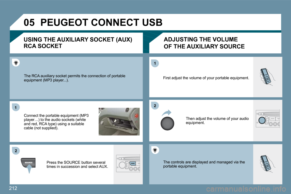 Peugeot 207 Dag 2010  Owners Manual 212
�0�5
�1�1
�2�2
�2�2
�1�1
� �T�h�e� �c�o�n�t�r�o�l�s� �a�r�e� �d�i�s�p�l�a�y�e�d� �a�n�d� �m�a�n�a�g�e�d� �v�i�a� �t�h�e� �p�o�r�t�a�b�l�e� �e�q�u�i�p�m�e�n�t�.� 
� �F�i�r�s�t� �a�d�j�u�s�t� �t�h�e