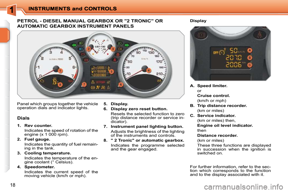 Peugeot 207 Dag 2009  Owners Manual 18
                 PETROL - DIESEL MANUAL GEARBOX OR "2 TRONIC" OR 
AUTOMATIC GEARBOX INSTRUMENT PANELS 
 Panel which groups together the vehicle  
operation dials and indicator lights.   
5.     Dis