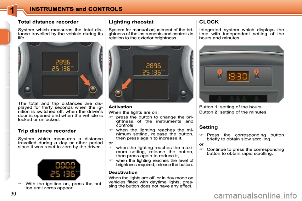 Peugeot 207 Dag 2009  Owners Manual 30
          Total distance recorder  
 System  which  measures  the  total  dis- 
tance travelled by the vehicle during its 
life.   Lighting rheostat 
 System for manual adjustment of the bri-ghtnes