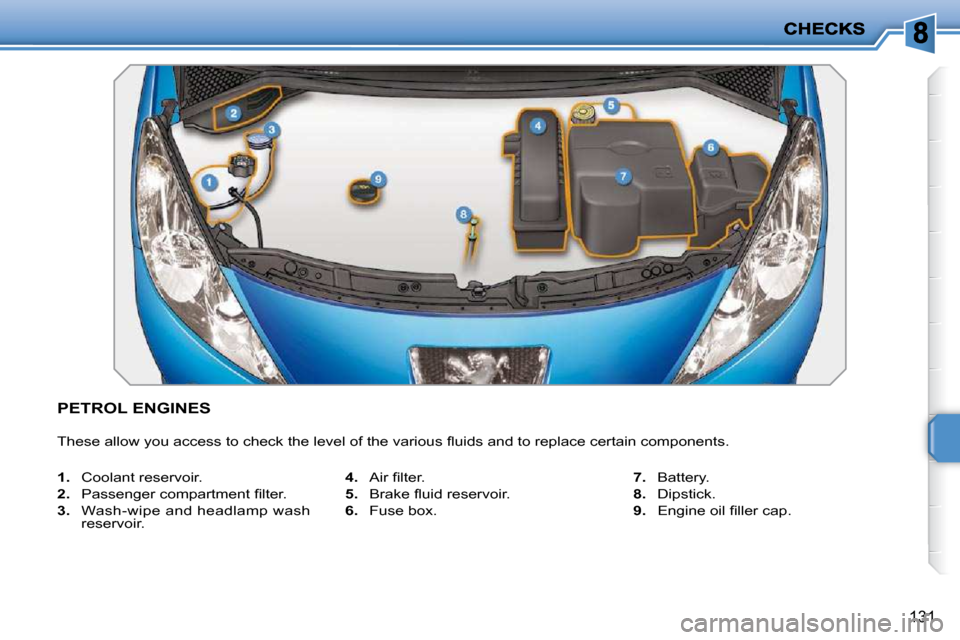 Peugeot 207 Dag 2009  Owners Manual 131
               PETROL ENGINES 
� �T�h�e�s�e� �a�l�l�o�w� �y�o�u� �a�c�c�e�s�s� �t�o� �c�h�e�c�k� �t�h�e� �l�e�v�e�l� �o�f� �t�h�e� �v�a�r�i�o�u�s� �ﬂ� �u�i�d�s� �a�n�d� �t�o� �r�e�p�l�a�c�e� �c�