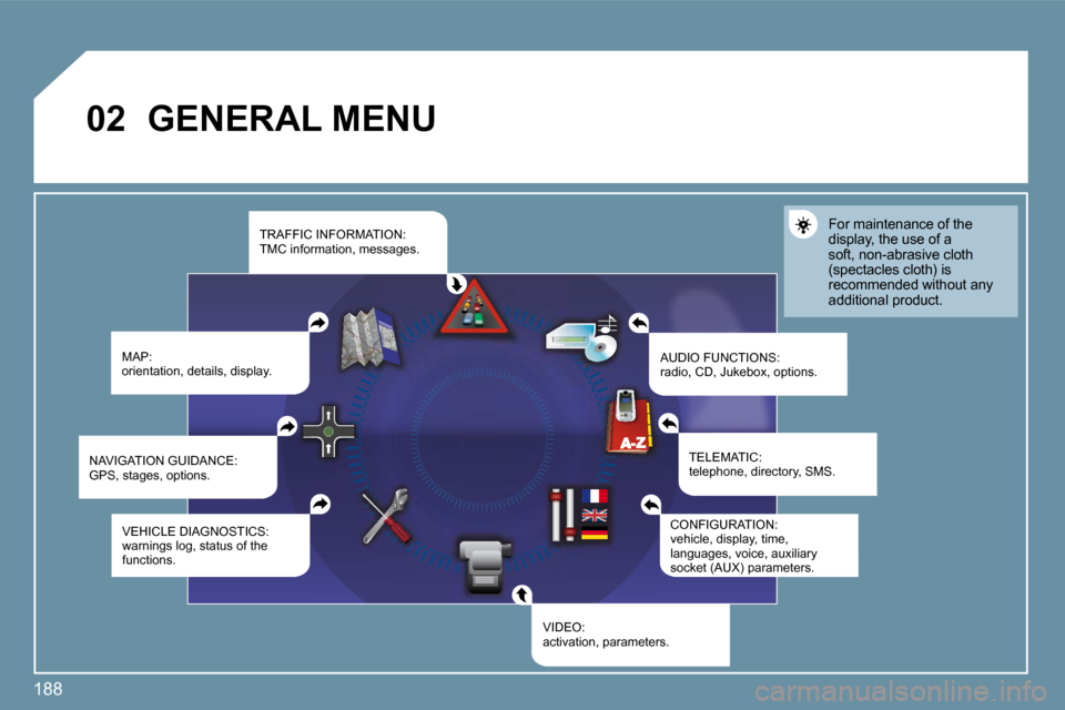 Peugeot 207 Dag 2009  Owners Manual 188
�0�2       GENERAL MENU 
� �M�A�P�:� orientation, details, display. � �A�U�D�I�O� �F�U�N�C�T�I�O�N�S�:� �r�a�d�i�o�,� �C�D�,� �J�u�k�e�b�o�x�,� �o�p�t�i�o�n�s�.� 
 For maintenance of the display, 