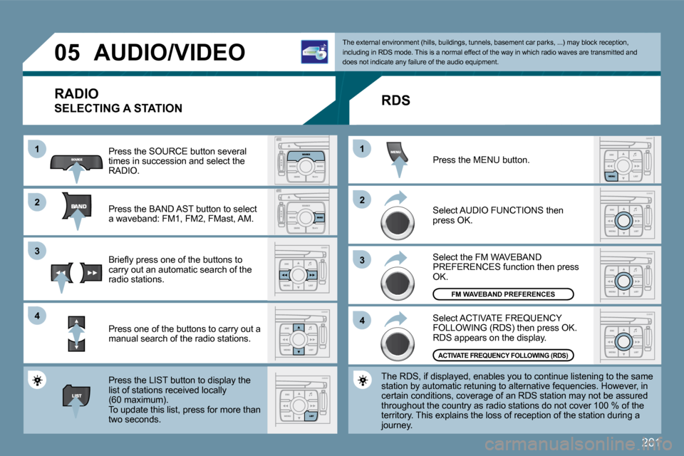 Peugeot 207 Dag 2009  Owners Manual 201
11
�2�2
�3�3
�4�4
11
�2�2
�3�3
�4�4
�0�5� � � � � �A�U�D�I�O�/�V�I�D�E�O� 
 RADIO 
 SELECTING A STATION 
 Press the SOURCE button several times in succession and select the �R�A�D�I�O�.� 
� �P�r�e