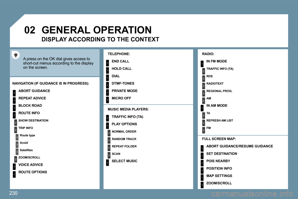 Peugeot 207 Dag 2009  Owners Manual 230
�0�2
1
2
3
3
2
1
1
1
3
2
1
1
1
1
1
1
1
1
1
1
2
2
2
2
1
1
2
1
2
2
2
2
2
2
2
1
1
1
1
1
1
     GENERAL OPERATION 
 A press on the OK dial gives access to short-cut menus according to the display on t