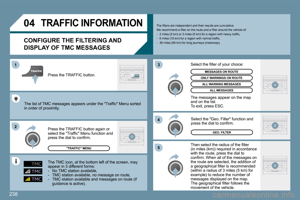Peugeot 207 Dag 2009  Owners Manual 238
�0�4
�2
1
�3
�4
�5
       TRAFFIC INFORMATION 
  CONFIGURE THE FILTERING AND 
DISPLAY OF TMC MESSAGES 
� �T�h�e�n� �s�e�l�e�c�t� �t�h�e� �r�a�d�i�u�s� �o�f� �t�h�e� �ﬁ� �l�t�e�r� �(�i�n� �m�i�l�