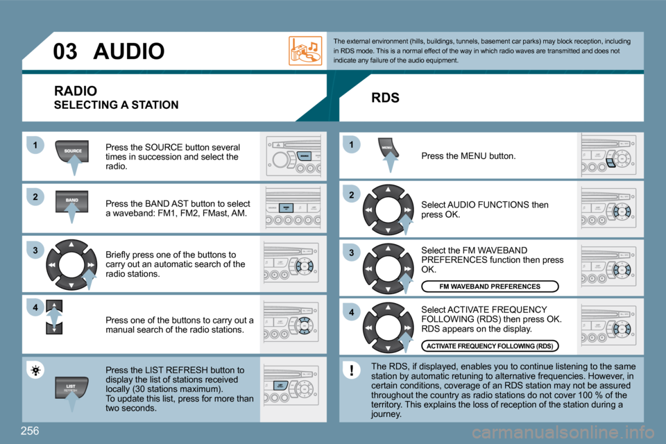 Peugeot 207 Dag 2009  Owners Manual 256
�2�2
�3�3
�4�4
11
�2�2
�4�4
�3�3
11
�0�3     AUDIO 
 Press the SOURCE button several times in succession and select the radio. 
� �P�r�e�s�s� �t�h�e� �B�A�N�D� �A�S�T� �b�u�t�t�o�n� �t�o� �s�e�l�e
