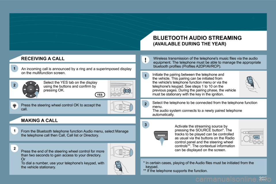 Peugeot 207 Dag 2009  Owners Manual 263
11
�2�2
11
11
�2�2
�3�3
�2�2
YES
� � �R�E�C�E�I�V�I�N�G� �A� �C�A�L�L� 
 An incoming call is announced by a ring and a superimposed display on the multifunction screen.  Initiate the pairing betwe