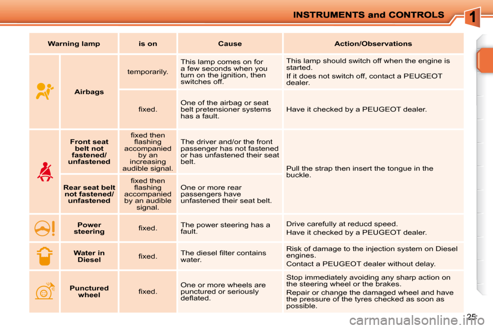 Peugeot 207 Dag 2009  Owners Manual 25
Warning lampis onCauseAction/Observations
       
Airbags      temporarily.  
 This lamp comes on for  
a few seconds when you 
turn on the ignition, then 
switches off.   This lamp should switch o