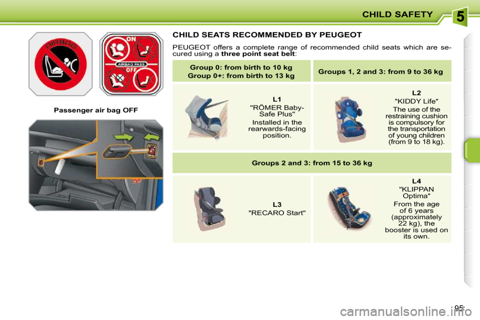 Peugeot 207 Dag 2009  Owners Manual CHILD SAFETY
95
   Passenger air bag OFF   
 CHILD SEATS RECOMMENDED BY PEUGEOT 
� �P�E�U�G�E�O�T�  �o�f�f�e�r�s�  �a�  �c�o�m�p�l�e�t�e�  �r�a�n�g�e�  �o�f�  �r�e�c�o�m�m�e�n�d�e�d�  �c�h�i�l�d�  �s�