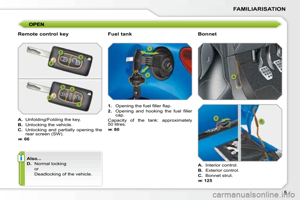 Peugeot 207 Dag 2008  Owners Manual i
FAMILIARISATION
  Remote control key  
  
A.    Unfolding/Folding the key. 
  
B.    Unlocking the vehicle. 
  
C.   Unlocking  and  partially  opening  the  
rear screen (SW). 
   
�   66  
  
A