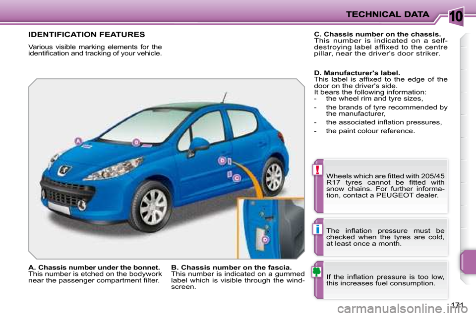 Peugeot 207 Dag 2008  Owners Manual 10
!
i
171
IDENTIFICATION FEATURES 
 Various  visible  marking  elements  for  the  
�i�d�e�n�t�i�ﬁ� �c�a�t�i�o�n� �a�n�d� �t�r�a�c�k�i�n�g� �o�f� �y�o�u�r� �v�e�h�i�c�l�e�.� � �W�h�e�e�l�s� �w�h�i�