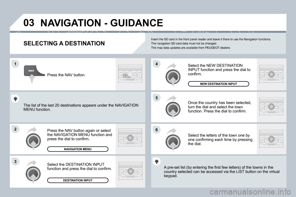 Peugeot 207 Dag 2008  Owners Manual 5
�0�3
�1
�2
�3
�6
�5
�4
� �N�A�V�I�G�A�T�I�O�N� �-� �G�U�I�D�A�N�C�E� 
  SELECTING A DESTINATION 
� �P�r�e�s�s� �t�h�e� �N�A�V� �b�u�t�t�o�n� �a�g�a�i�n� �o�r� �s�e�l�e�c�t� the NAVIGATION MENU funct
