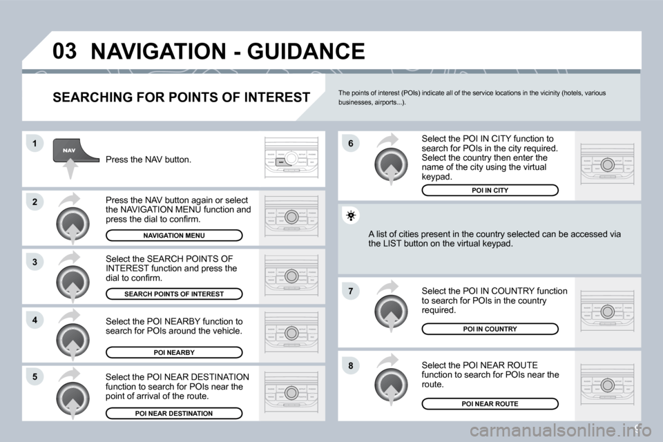 Peugeot 207 Dag 2008  Owners Manual 9
�0�3
�1
�2
�3
�4
�7
�8�5
�6
� �N�A�V�I�G�A�T�I�O�N� �-� �G�U�I�D�A�N�C�E� 
� � �S�E�A�R�C�H�I�N�G� �F�O�R� �P�O�I�N�T�S� �O�F� �I�N�T�E�R�E�S�T� 
 Press the NAV button. 
� �P�r�e�s�s� �t�h�e� �N�A�V