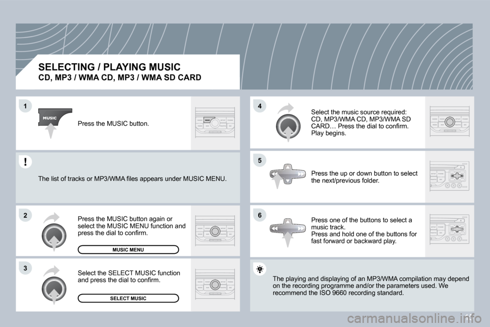 Peugeot 207 Dag 2008  Owners Manual 15
�1
�2
�3
�5
�4
�6
  SELECTING / PLAYING MUSIC  
�C�D�,� �M�P�3� �/� �W�M�A� �C�D�,� �M�P�3� �/� �W�M�A� �S�D� �C�A�R�D� 
� �T�h�e� �p�l�a�y�i�n�g� �a�n�d� �d�i�s�p�l�a�y�i�n�g� �o�f� �a�n� �M�P�3�/