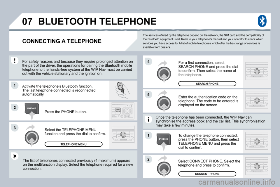 Peugeot 207 Dag 2008  Owners Manual 17
�0�7
�1
�3
�5
�4
�2
�1
�2
 The services offered by the telephone depend on the network, the SIM card and the compatibility of the Bluetooth equipment used. Refer to your telepho nes manual and you