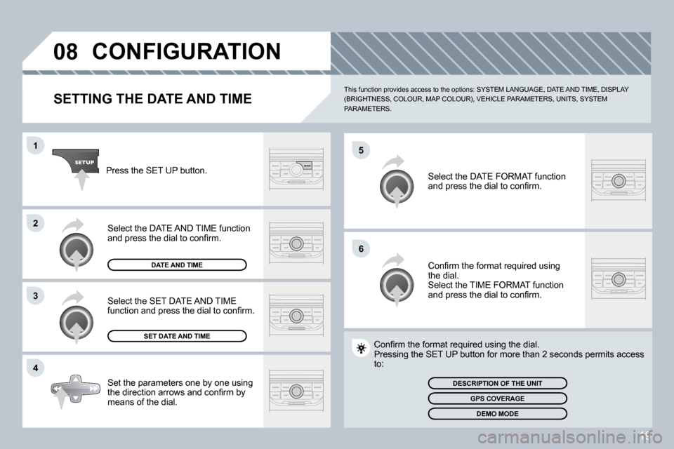 Peugeot 207 Dag 2008  Owners Manual 19
�0�8
�5
�6
�1
�2
�3
�4
� �C�O�N�F�I�G�U�R�A�T�I�O�N� 
  SETTING THE DATE AND TIME 
� �T�h�i�s� �f�u�n�c�t�i�o�n� �p�r�o�v�i�d�e�s� �a�c�c�e�s�s� �t�o� �t�h�e� �o�p�t�i�o�n�s�:� �S�Y�S�T�E�M� �L�A�N
