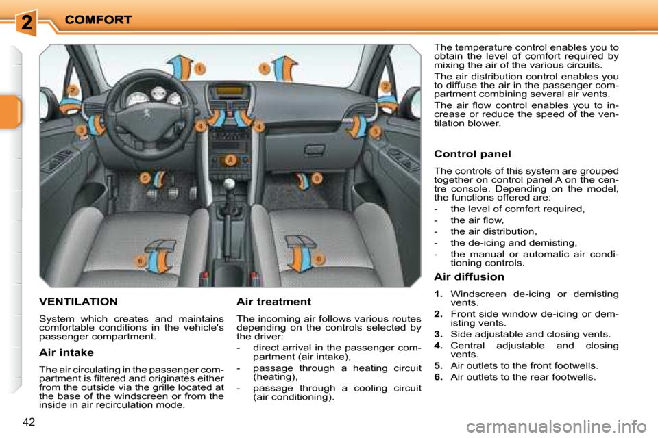 Peugeot 207 Dag 2008  Owners Manual 42
       VENTILATION 
 System  which  creates  and  maintains  
comfortable  conditions  in  the  vehicles 
passenger compartment.   Air treatment  
 The incoming air follows various routes  
depend