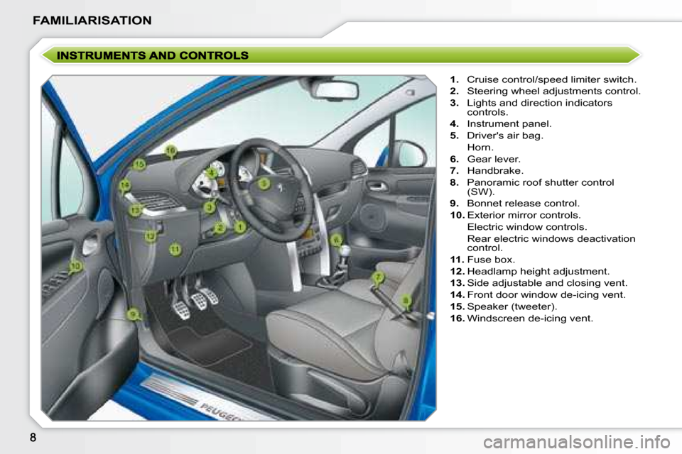 Peugeot 207 Dag 2008  Owners Manual FAMILIARISATION
   
1.    Cruise control/speed limiter switch. 
  
2.    Steering wheel adjustments control. 
  
3.    Lights and direction indicators 
controls. 
  
4.    Instrument panel. 
  
5.    