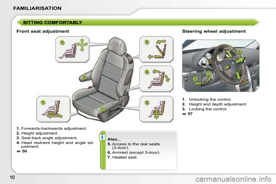 Peugeot 207 Dag 2008  Owners Manual i
FAMILIARISATION
  
Also...   
  
5.    Access to the rear seats 
(3-door). 
  
6.   Armrest (except 3-door). 
  
7.   Heated seat.  
  Front seat adjustment 
  Steering wheel adjustment 
  
1.   For