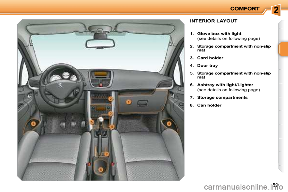 Peugeot 207 Dag 2008 Repair Manual 59
             INTERIOR LAYOUT 
   
1.     Glove box with light     
  (see details on following page)  
  
2.     Storage compartment with non-slip  
mat   
  
3.     Card holder   
  
4.     Door t