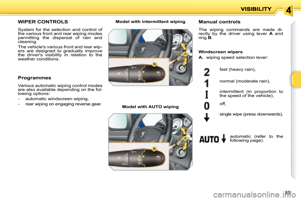 Peugeot 207 Dag 2008 Owners Manual 85
       WIPER CONTROLS 
 System  for  the  selection  and  control  of  
the various front and rear wiping modes 
permitting  the  dispersal  of  rain  and 
cleaning.  
 The vehicles various front 