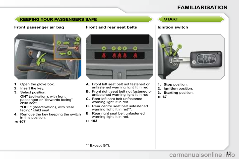 Peugeot 207 Dag 2007.5  Owners Manual FAMILIARISATION
  Front passenger air bag 
   
1. � �  �O�p�e�n� �t�h�e� �g�l�o�v�e� �b�o�x�.� 
  
2.    Insert the key. 
  
3. � �  �S�e�l�e�c�t� �p�o�s�i�t�i�o�n�:� � 
   ON" � � �(�a�c�t�i�v�a�t�i�