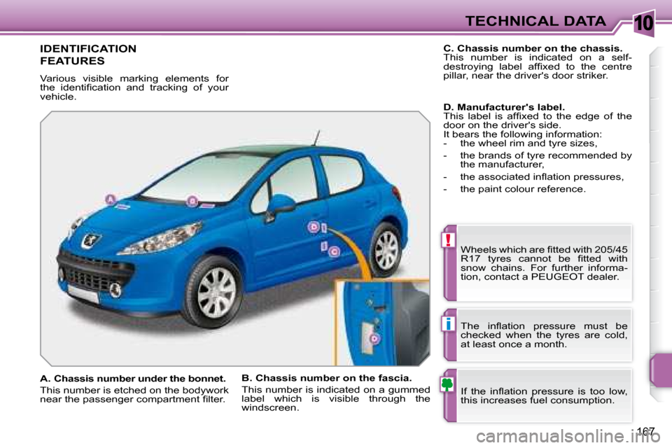 Peugeot 207 Dag 2007.5  Owners Manual 10
!
i
TECHNICAL DATA
167
 IDENTIFICATION 
FEATURES 
 Various  visible  marking  elements  for  
�t�h�e�  �i�d�e�n�t�i�i� �c�a�t�i�o�n�  �a�n�d�  �t�r�a�c�k�i�n�g�  �o�f�  �y�o�u�r� 
vehicle. � �W�h�e