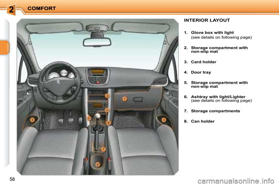 Peugeot 207 Dag 2007.5 Repair Manual 58
INTERIOR LAYOUT
1. Glove box with light
(see details on following page)
2. Storage compartment with
non-slip mat
3. Card holder
4. Door tray
5. Peugeot 207 Dag 2007.5 Repair Manual 58
INTERIOR LAYOUT
1. Glove box with light
(see details on following page)
2. Storage compartment with
non-slip mat
3. Card holder
4. Door tray
5.