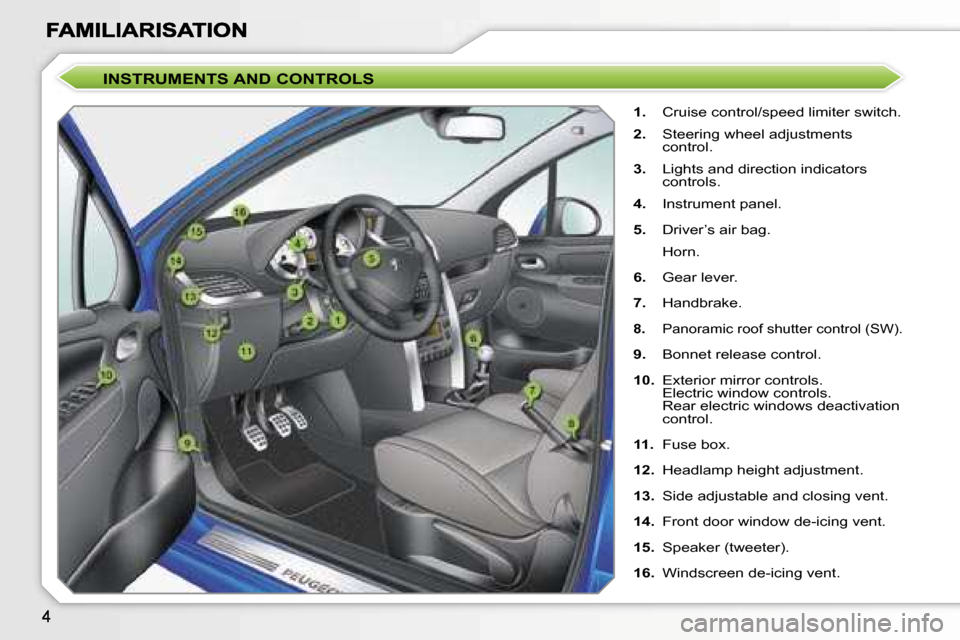 Peugeot 207 Dag 2007  Owners Manual �I�N�S�T�R�U�M�E�N�T�S� �A�N�D� �C�O�N�T�R�O�L�S
�1�.�  �C�r�u�i�s�e� �c�o�n�t�r�o�l�/�s�p�e�e�d� �l�i�m�i�t�e�r� �s�w�i�t�c�h�.
�2�.�  �S�t�e�e�r�i�n�g� �w�h�e�e�l� �a�d�j�u�s�t�m�e�n�t�s� �c�o�n�t�r