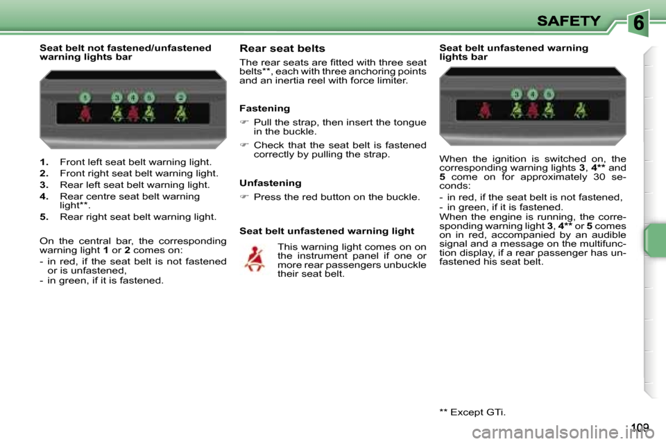 Peugeot 207 Dag 2007  Owners Manual �1�.� �F�r�o�n�t� �l�e�f�t� �s�e�a�t� �b�e�l�t� �w�a�r�n�i�n�g� �l�i�g�h�t�.
�2�.� �F�r�o�n�t� �r�i�g�h�t� �s�e�a�t� �b�e�l�t� �w�a�r�n�i�n�g� �l�i�g�h�t�.
�3�.� �R�e�a�r� �l�e�f�t� �s�e�a�t� �b�e�l�t