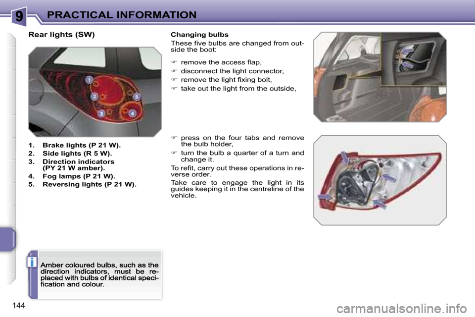 Peugeot 207 Dag 2007  Owners Manual �i
�P�R�A�C�T�I�C�A�L� �I�N�F�O�R�M�A�T�I�O�N
�1�4�4
�R�e�a�r� �l�i�g�h�t�s� �(�S�W�)
�1�.�  �B�r�a�k�e� �l�i�g�h�t�s� �(�P� �2�1� �W�)�.
�2�.�  �S�i�d�e� �l�i�g�h�t�s� �(�R� �5� �W�)�.
�3�.�  �D�i�r�