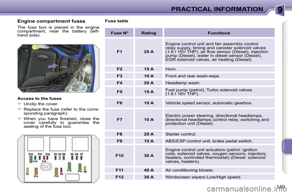 Peugeot 207 Dag 2007  Owners Manual �P�R�A�C�T�I�C�A�L� �I�N�F�O�R�M�A�T�I�O�N
�1�4�9
�E�n�g�i�n�e� �c�o�m�p�a�r�t�m�e�n�t� �f�u�s�e�s
�T�h�e�  �f�u�s�e�  �b�o�x�  �i�s�  �p�l�a�c�e�d�  �i�n�  �t�h�e�  �e�n�g�i�n�e� �c�o�m�p�a�r�t�m�e�n