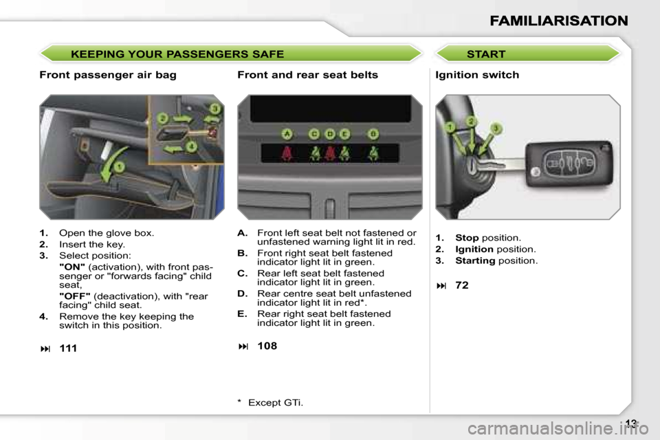 Peugeot 207 Dag 2007  Owners Manual �K�E�E�P�I�N�G� �Y�O�U�R� �P�A�S�S�E�N�G�E�R�S� �S�A�F�E
�F�r�o�n�t� �p�a�s�s�e�n�g�e�r� �a�i�r� �b�a�g �I�g�n�i�t�i�o�n� �s�w�i�t�c�h
�1�.�  �O�p�e�n� �t�h�e� �g�l�o�v�e� �b�o�x�.
�2�.�  �I�n�s�e�r�t