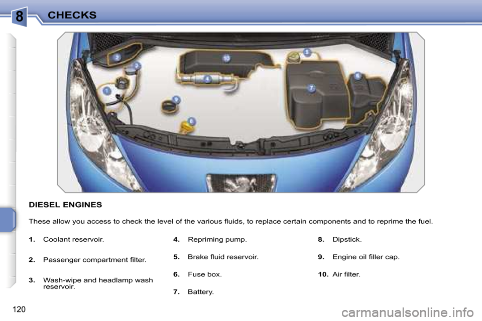 Peugeot 207 Dag 2006.5  Owners Manual �8�C�H�E�C�K�S
�1�2�0
�D�I�E�S�E�L� �E�N�G�I�N�E�S
�T�h�e�s�e� �a�l�l�o�w� �y�o�u� �a�c�c�e�s�s� �t�o� �c�h�e�c�k� �t�h�e� �l�e�v�e�l� �o�f� �t�h�e� �v�a�r�i�o�u�s� �ﬂ�u�i�d�s�,� �t�o� �r�e�p�l�a�c�