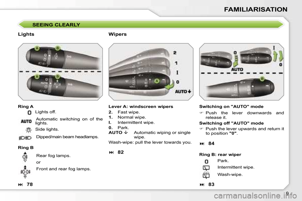 Peugeot 207 Dag 2006.5  Owners Manual �9
�F�A�M�I�L�I�A�R�I�S�A�T�I�O�N
�S�E�E�I�N�G� �C�L�E�A�R�L�Y
�L�i�g�h�t�s
�R�i�n�g� �A�S�w�i�t�c�h�i�n�g� �o�n� �"�A�U�T�O�"� �m�o�d�e 
��  �P�u�s�h�  �t�h�e�  �l�e�v�e�r�  �d�o�w�n�w�a�r�d�s�  �