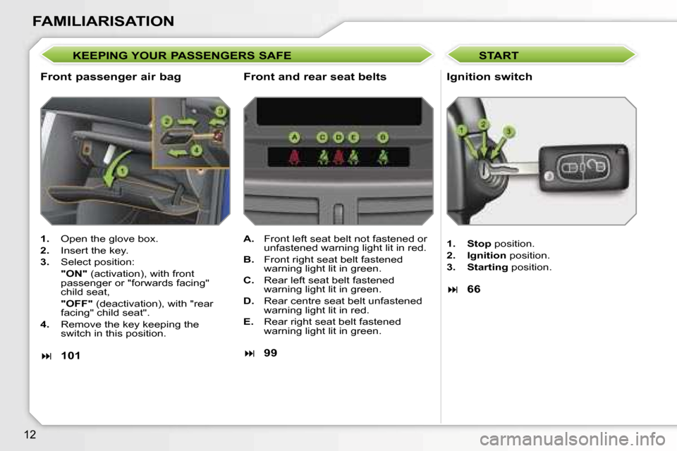 Peugeot 207 Dag 2006.5  Owners Manual �1�2
�F�A�M�I�L�I�A�R�I�S�A�T�I�O�N
�K�E�E�P�I�N�G� �Y�O�U�R� �P�A�S�S�E�N�G�E�R�S� �S�A�F�E
�F�r�o�n�t� �p�a�s�s�e�n�g�e�r� �a�i�r� �b�a�g
�I�g�n�i�t�i�o�n� �s�w�i�t�c�h
�1�. �  �O�p�e�n� �t�h�e� �g�