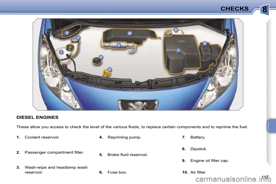 Peugeot 207 Dag 2005.5  Owners Manual �8�C�H�E�C�K�S
�1�1�7
�D�I�E�S�E�L� �E�N�G�I�N�E�S
�T�h�e�s�e� �a�l�l�o�w� �y�o�u� �a�c�c�e�s�s� �t�o� �c�h�e�c�k� �t�h�e� �l�e�v�e�l� �o�f� �t�h�e� �v�a�r�i�o�u�s� �ﬂ�u�i�d�s�,� �t�o� �r�e�p�l�a�c�