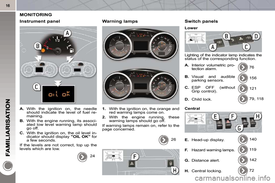 Peugeot 3008 Dag 2010.5  Owners Manual  MONITORING 
  Instrument panel 
   
A.    With  the  ignition  on,  the  needle 
should  indicate  the  level  of  fuel  re- 
maining. 
  
B.    With  the  engine  running,  its  associ-
ated  low  l