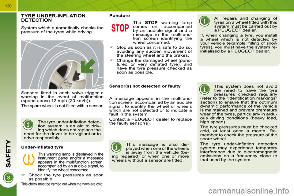 Peugeot 3008 Dag 2010.5  Owners Manual 120
TYRE UNDER-INFLATION DETECTION 
 System which automatically checks the  
pressure of the tyres while driving.    All  repairs  and  changing  of 
�t�y�r�e�s� �o�n� �a� �w�h�e�e�l� �ﬁ� �t�t�e�d� 