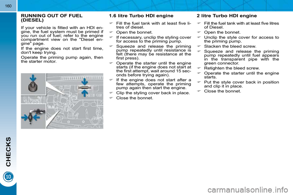 Peugeot 3008 Dag 2010.5  Owners Manual CHECKS
160
         RUNNING OUT OF FUEL (DIESEL) 
� �I�f�  �y�o�u�r�  �v�e�h�i�c�l�e�  �i�s�  �ﬁ� �t�t�e�d�  �w�i�t�h�  �a�n�  �H�D�I�  �e�n�- 
gine, the fuel system must be primed if 
you  run  out